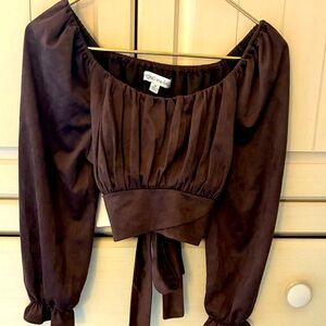 Brown Puff Sleeve Crop Top with Ruched Tie Front